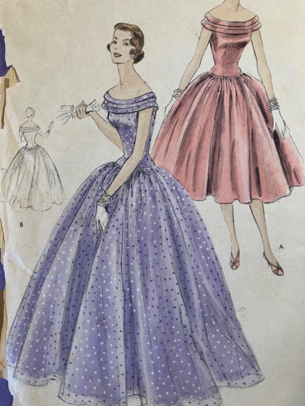 Rare 50s Vogue 8602 B30 Drop Waist Full Skirt Off Shoulder Evening Gown READ